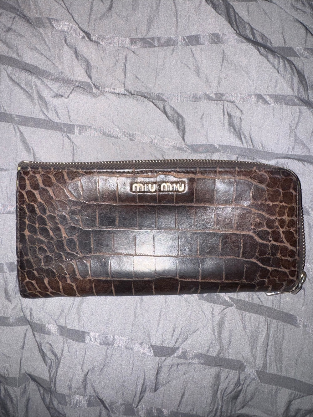 Miu Miu Dark Brown Croc-Embossed Zip Around Wallet
